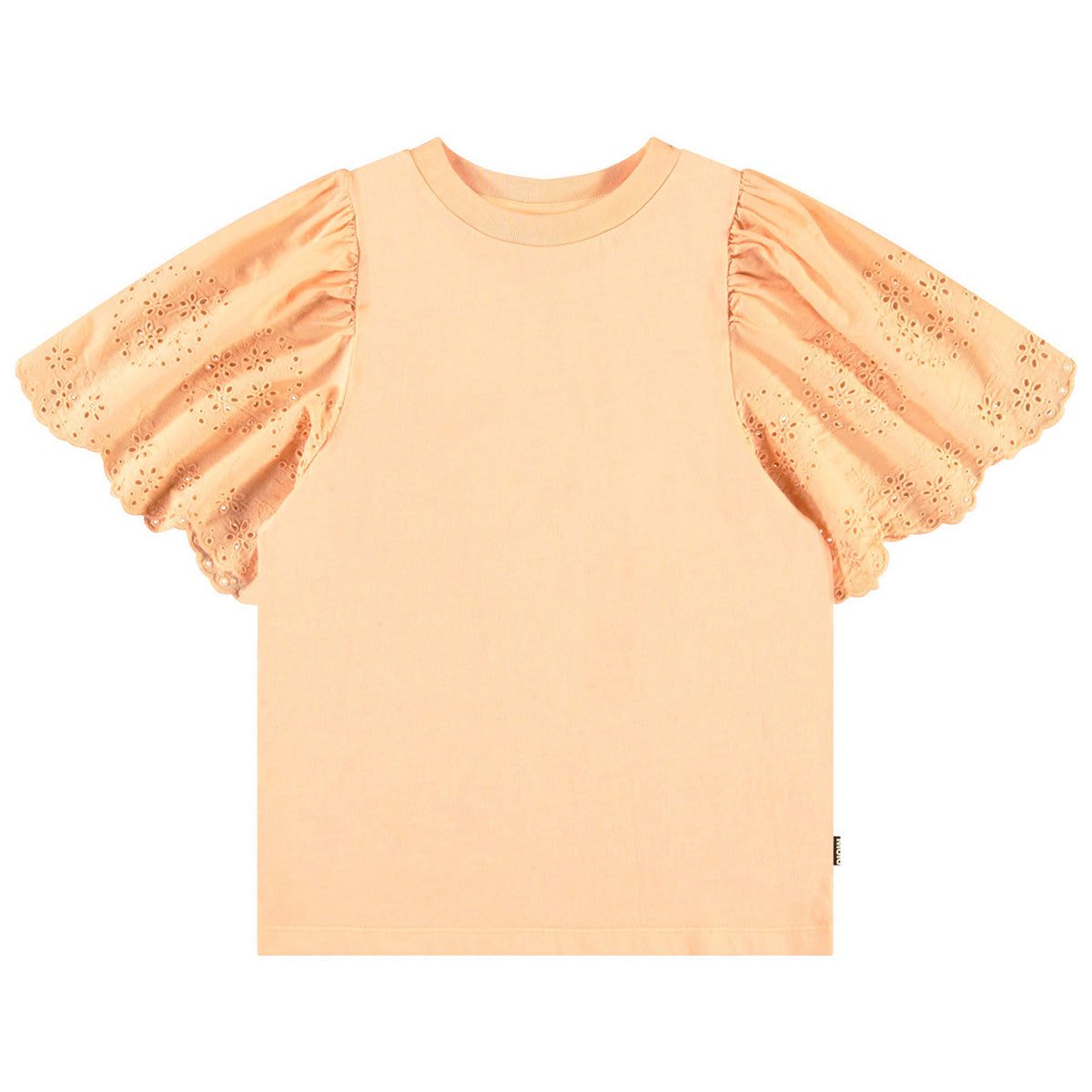 The Ritza Top from Molo is a Pale Melon top with beautiful, broderie anglaise short sleeves.