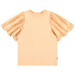 The Ritza Top from Molo is a Pale Melon top with beautiful, broderie anglaise short sleeves.