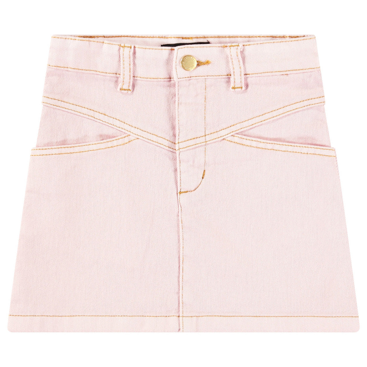 Baji Skirt from Molo. Denim skirt in pink with brown stitching. Lovely seams at the front, two side pockets, and belt loops.