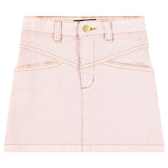 Baji Skirt from Molo. Denim skirt in pink with brown stitching. Lovely seams at the front, two side pockets, and belt loops.