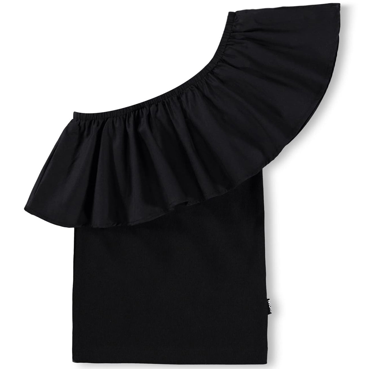 Rebecca Top from Molo in black, one-shoulder design with ribbed fabric and a voluminous ruffled sleeve