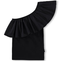 Rebecca Top from Molo in black, one-shoulder design with ribbed fabric and a voluminous ruffled sleeve