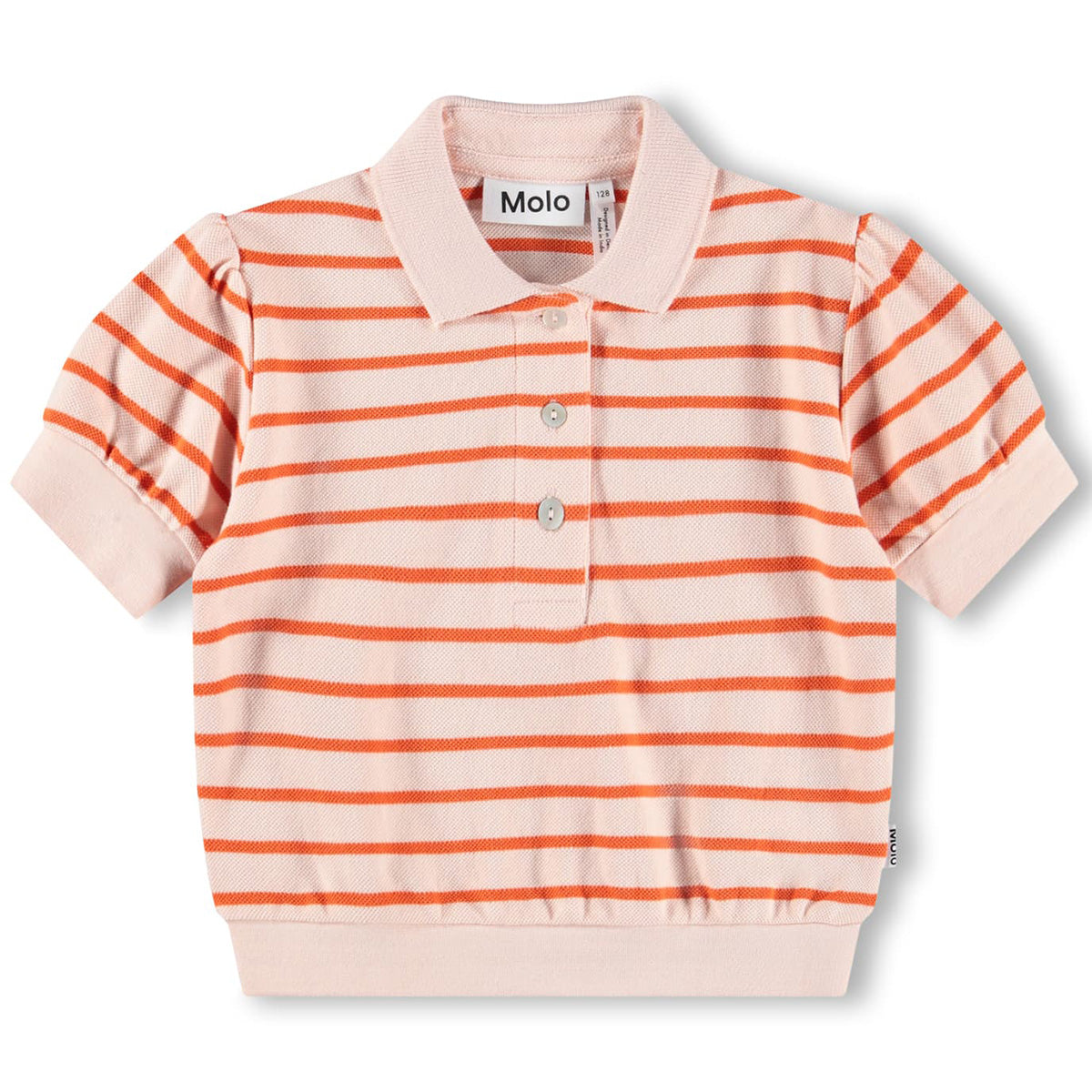 Raki Shirt from Molo in light pink with orange stripes, short sleeves, polo collar and button placket for kids.