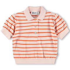 Raki Shirt from Molo in light pink with orange stripes, short sleeves, polo collar and button placket for kids.