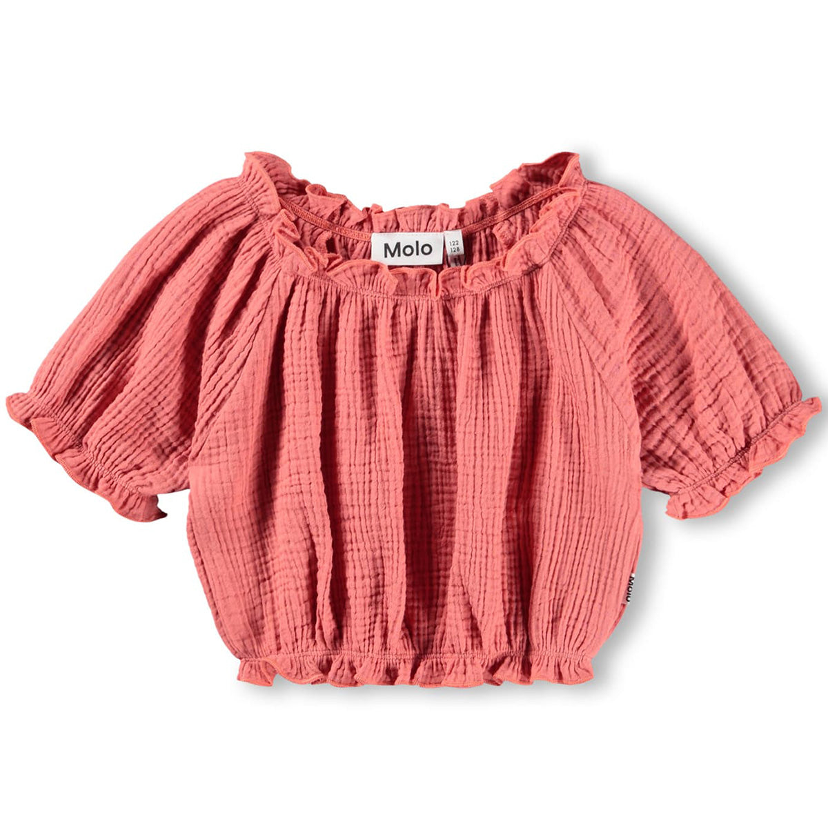 Rafaela Blouse from Molo in textured pink cotton with short puff sleeves, ruffled neckline and elastic hem
