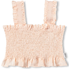 Rolfia Top from Molo in soft peach with smocked bodice, wide shoulder straps and ruffled hem for kids
