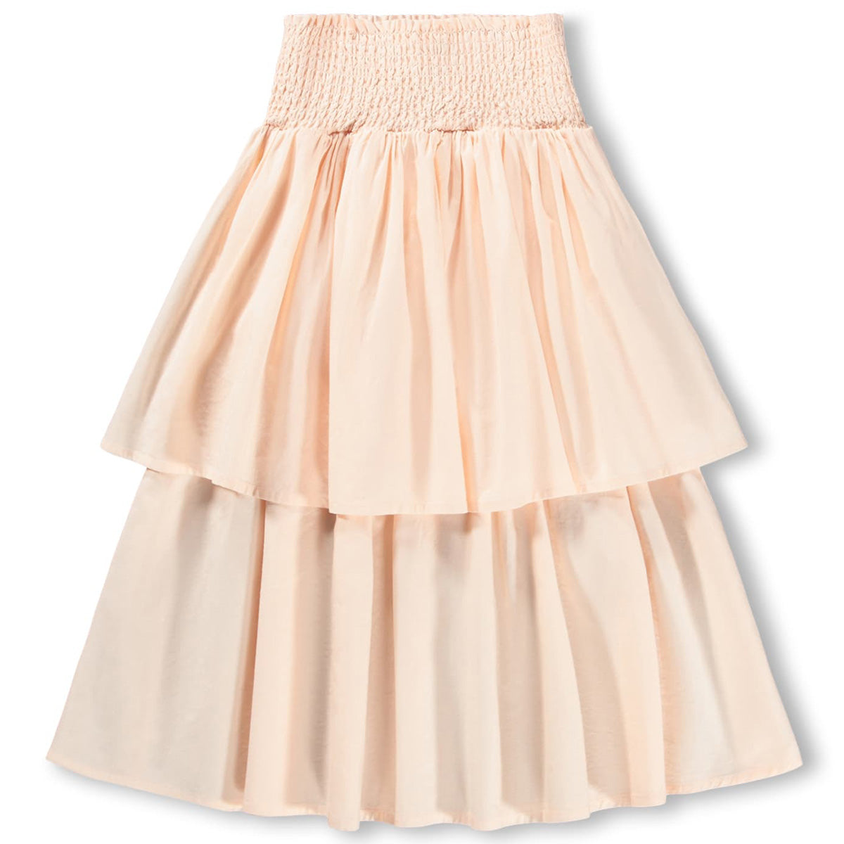 Brenna Skirt from Molo in soft peach with smocked waistband and tiered, flowy silhouette for kids