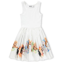 Cassandra Dress from Molo in white, sleeveless design with ribbed top and flared skirt featuring colorful dog print hem