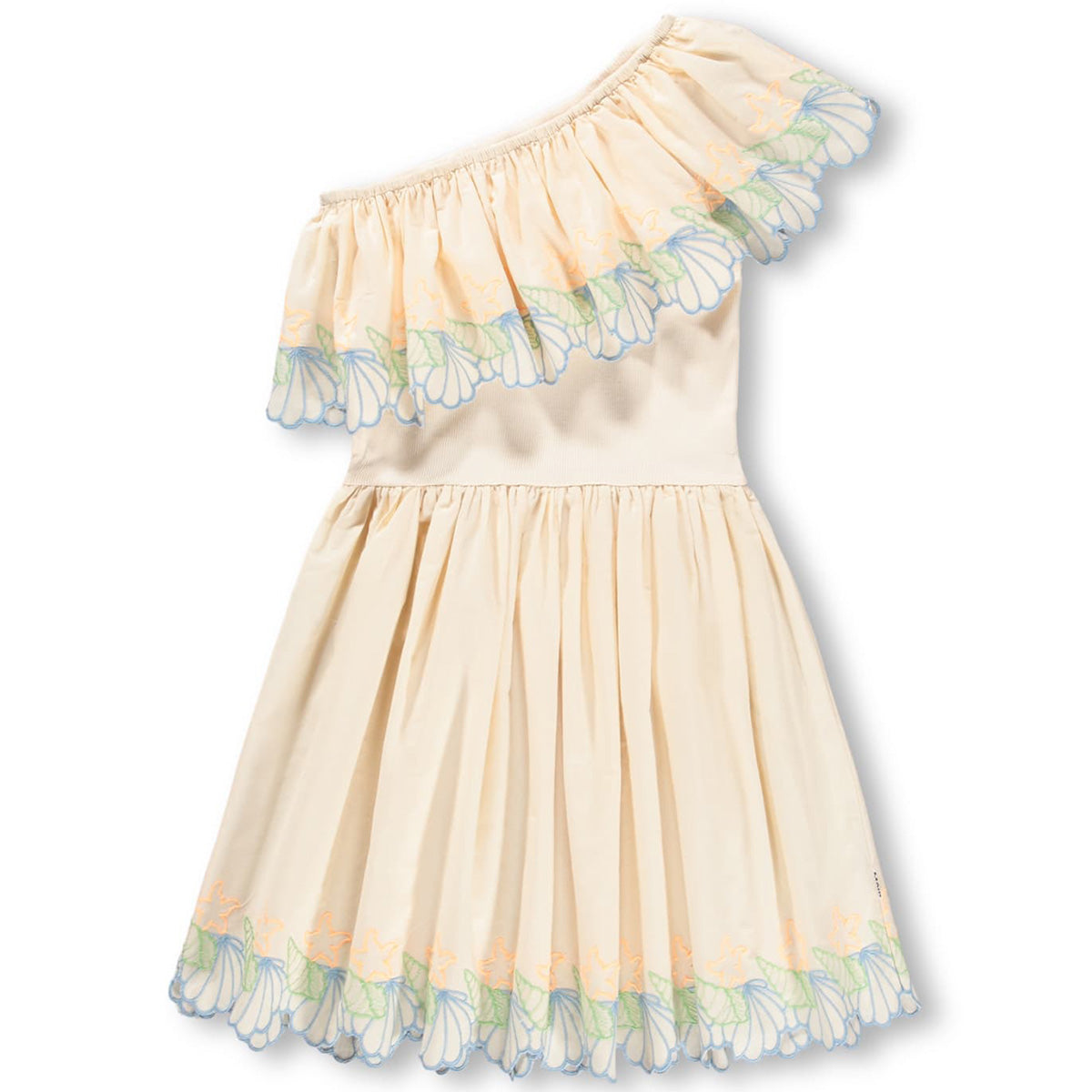Cato Dress from Molo in cream with one-shoulder design, ruffled neckline, and floral embroidered trim at hem