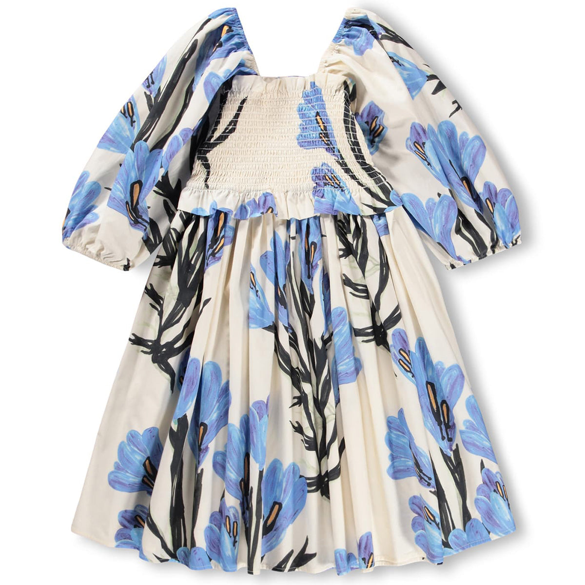 Chipie Dress from Molo with blue floral print, long puff sleeves, smocked bodice, and flowing skirt