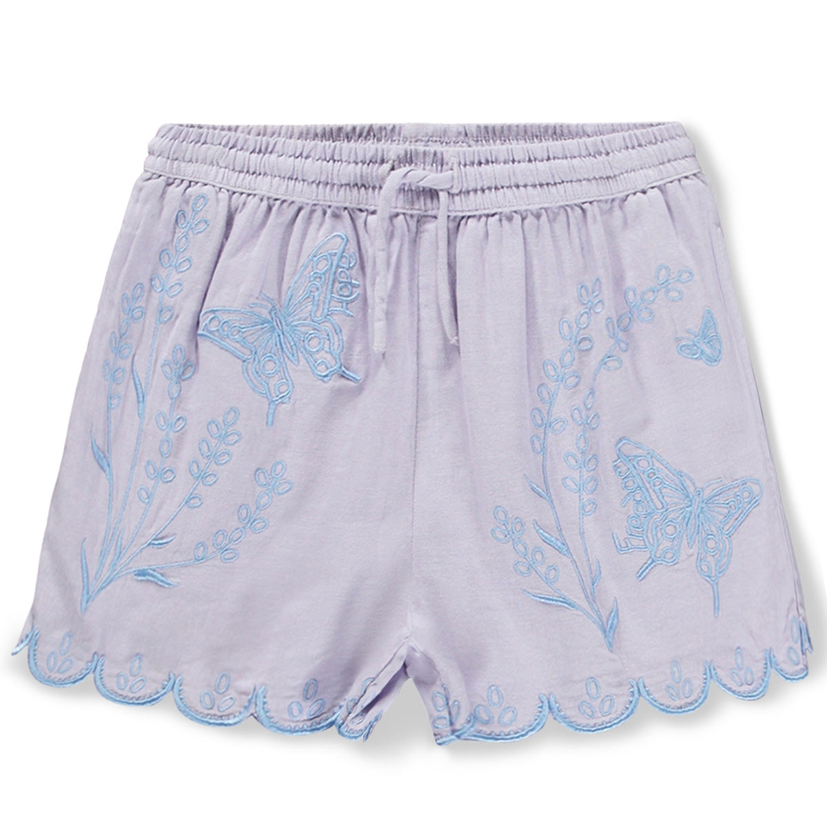 Annabella Shorts from Molo in lilac with elastic waist, scalloped hems, and embroidered butterflies and floral details