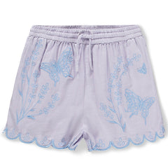 Annabella Shorts from Molo in lilac with elastic waist, scalloped hems, and embroidered butterflies and floral details