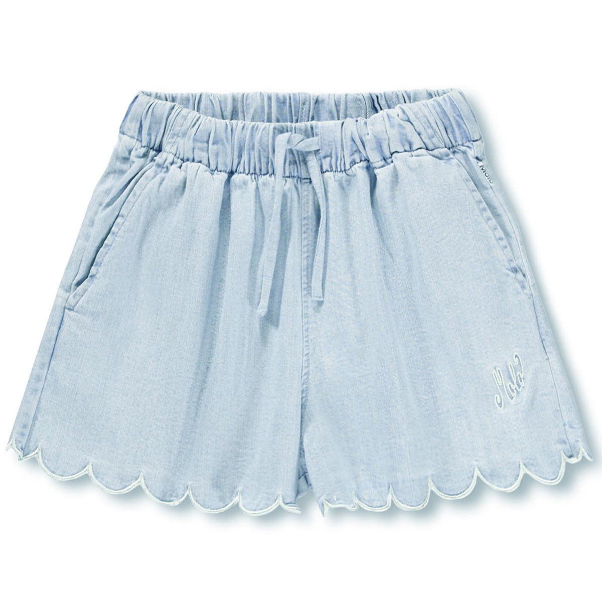 Addie Shorts from Molo in light blue chambray with elastic drawstring waist, scalloped hems, and relaxed summer fit