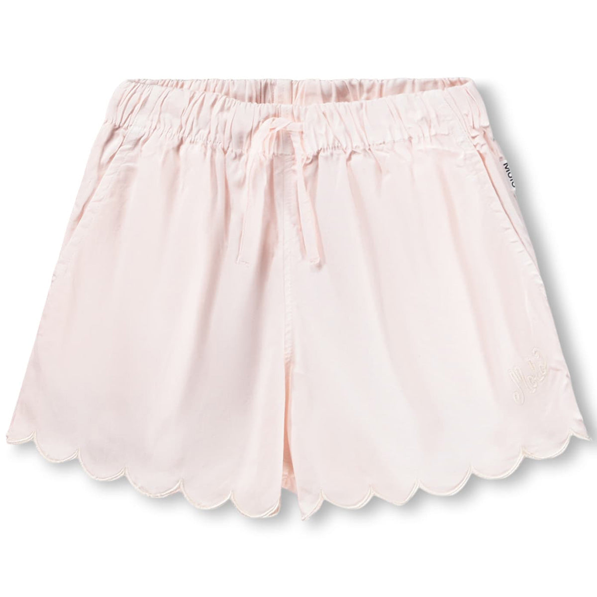 Addie Shorts from Molo in pastel pink chambray with elastic drawstring waist, scalloped hems, and lightweight summer fit