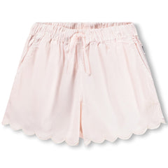 Addie Shorts from Molo in pastel pink chambray with elastic drawstring waist, scalloped hems, and lightweight summer fit
