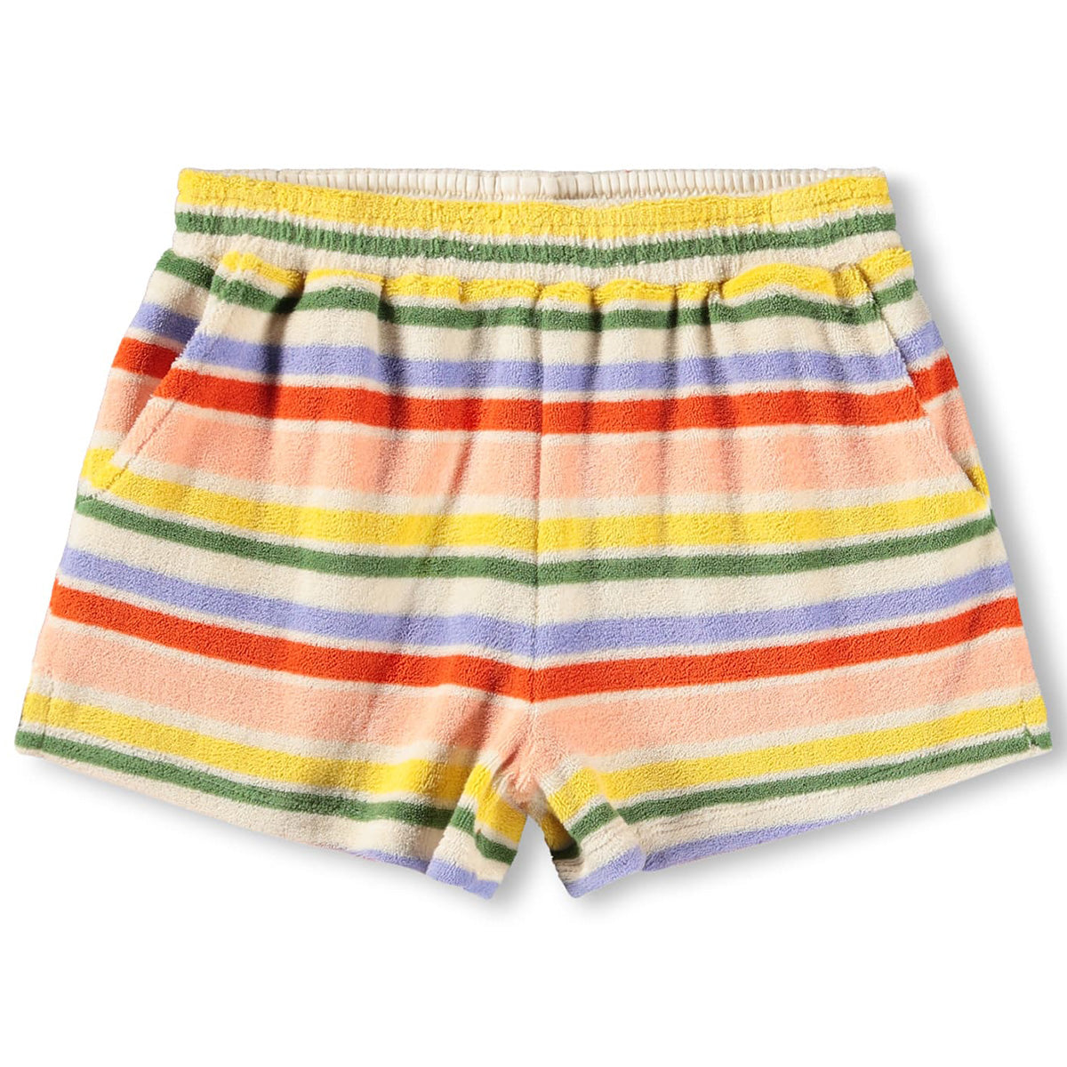 Angela Shorts from Molo with multicolor stripe pattern, soft terry fabric, elastic waistband, and relaxed fit