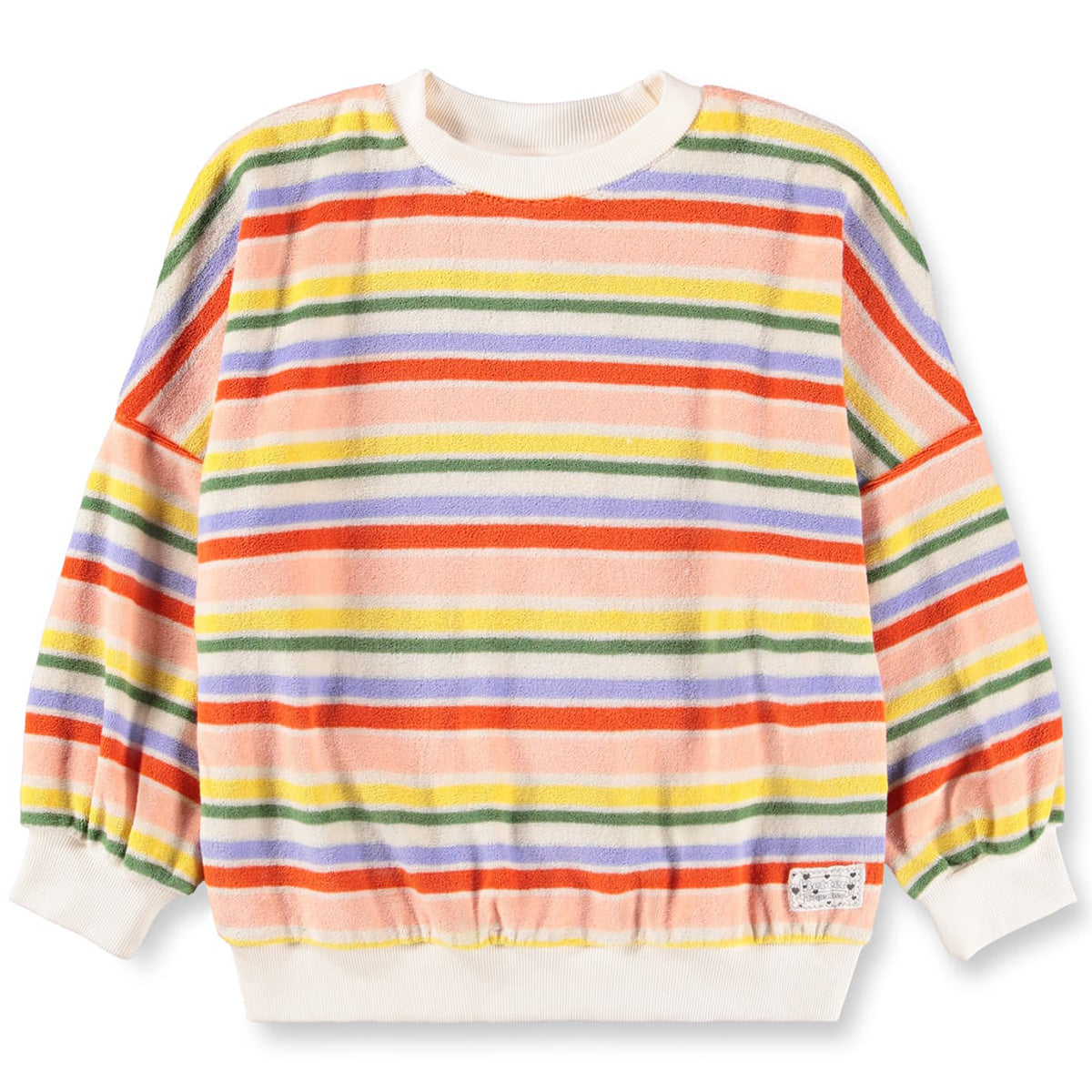 Marika Sweater from Molo with multicolor horizontal stripes, long sleeves, ribbed neckline, cuffs, and hem