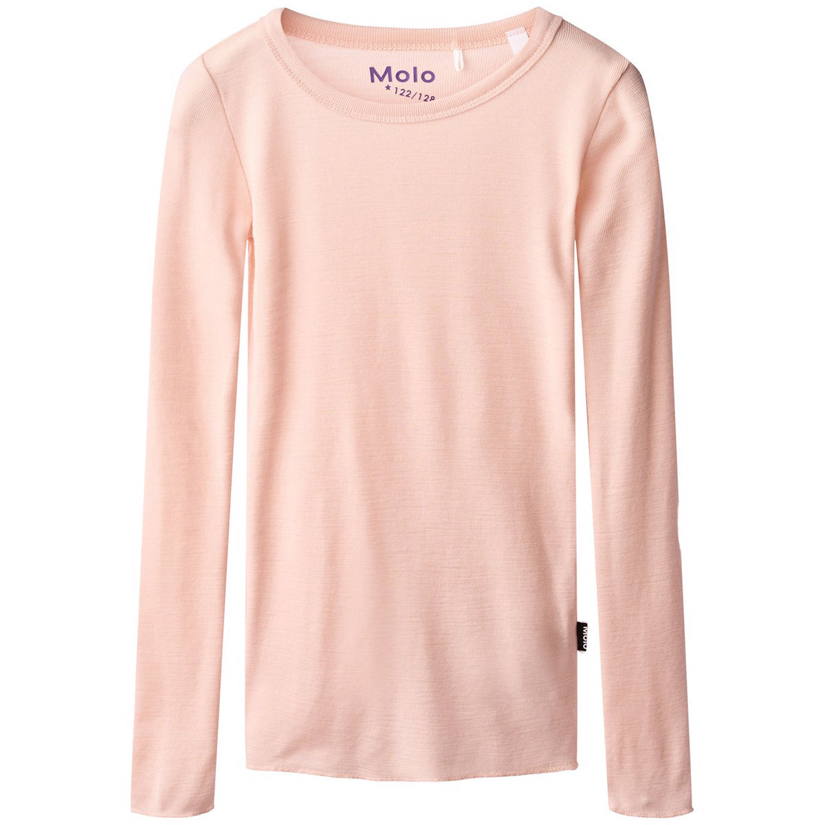 The Rihanna Wool Top from Molo. Pink long-sleeve shirt with 'Molo' branding on a white background.