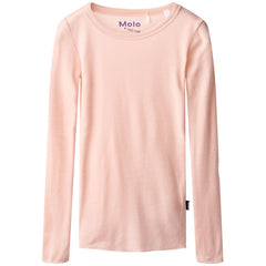 The Rihanna Wool Top from Molo. Pink long-sleeve shirt with 'Molo' branding on a white background.