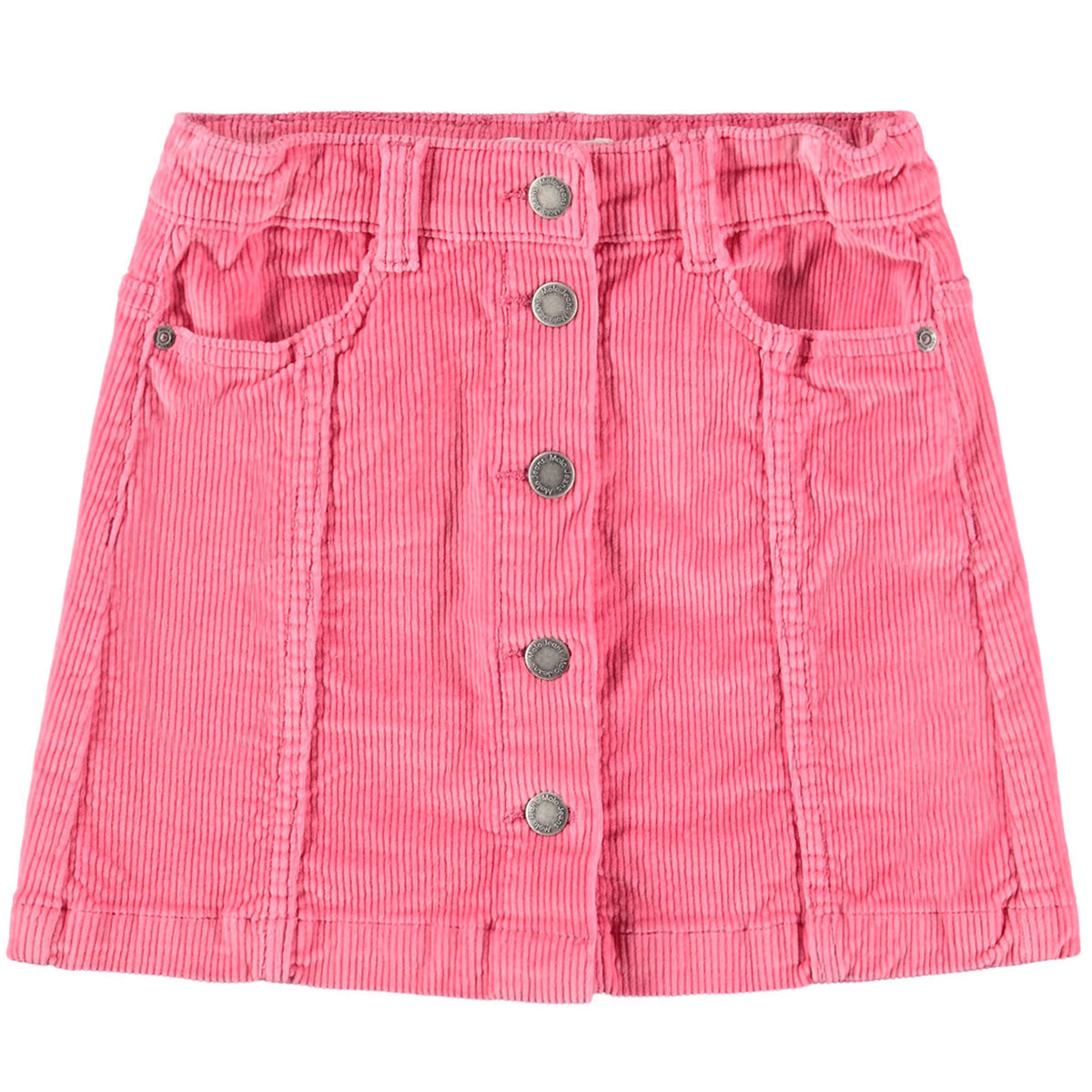 The Bera Skirt from Molo. Pink corduroy skirt with silver buttons for fastening.
