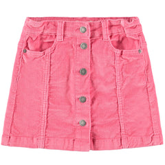 The Bera Skirt from Molo. Pink corduroy skirt with silver buttons for fastening.