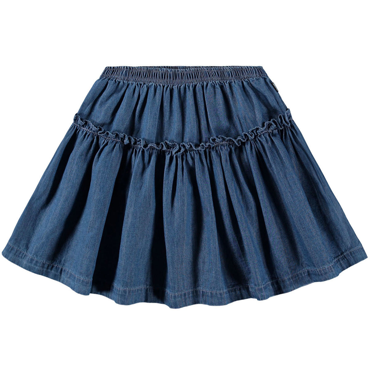 The Bel Skirt from Molo. Blue denim skirt with ruffle details.