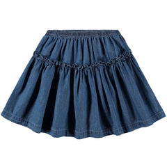The Bel Skirt from Molo. Blue denim skirt with ruffle details.