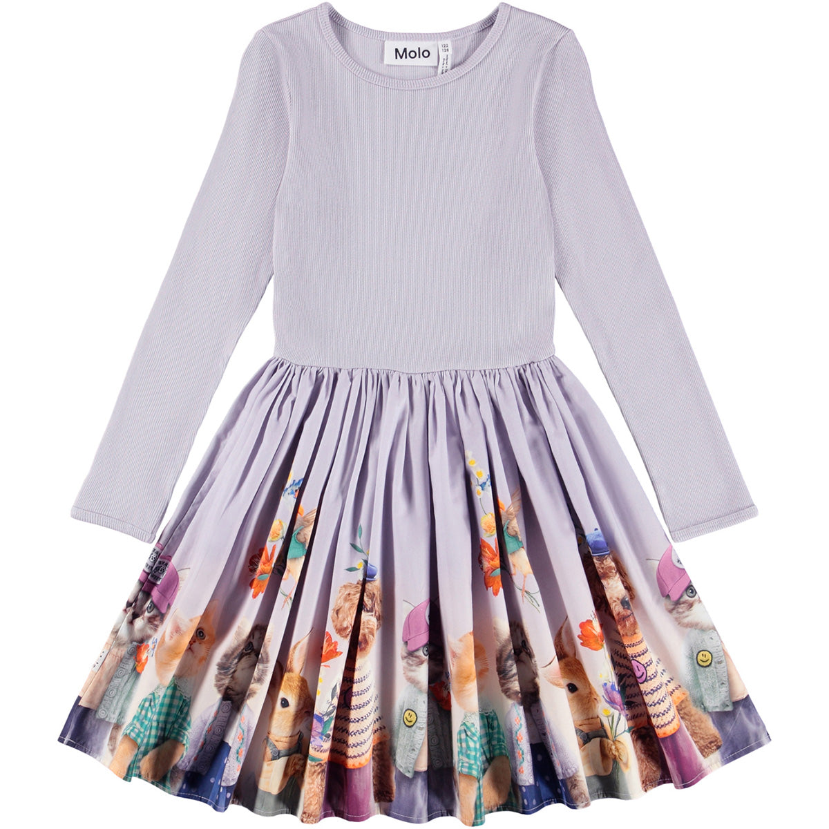 The Casie Dress from Molo. Girl's dress with a light purple top and colorful cat and rabbit-patterned skirt.
