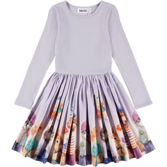 The Casie Dress from Molo. Girl's dress with a light purple top and colorful cat and rabbit-patterned skirt.