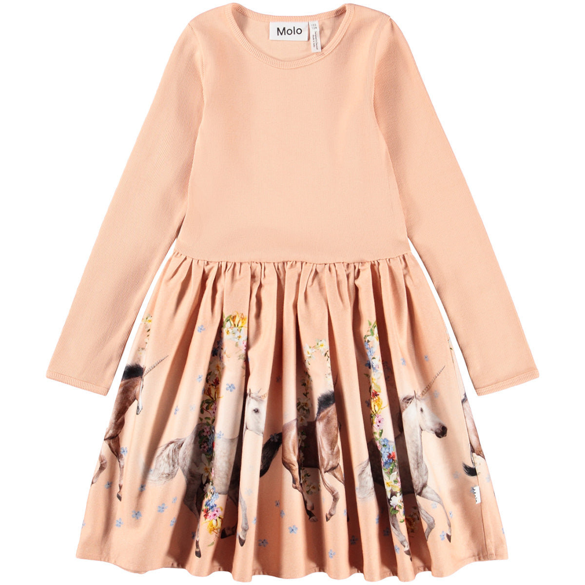 The Casie Warm Dress from Molo. Long-sleeved green dress with a fitted ribbed top, and a printed circular-cut skirt.