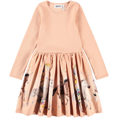 The Casie Warm Dress from Molo. Long-sleeved green dress with a fitted ribbed top, and a printed circular-cut skirt.