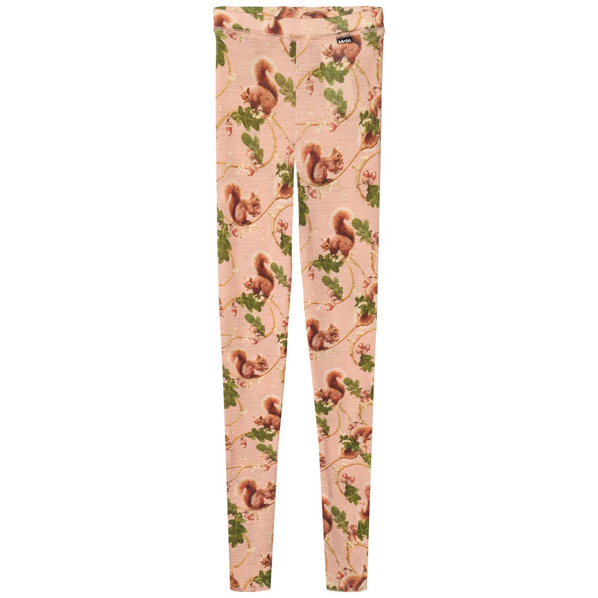 The Nadine Wool Leggings from Molo. Rose leggings with squirrel print.
