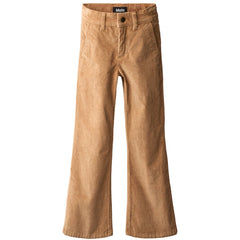 The Aida Pants from Molo. Light brown pants in a trumpet-shaped silhouette. The pants have front and back pockets.