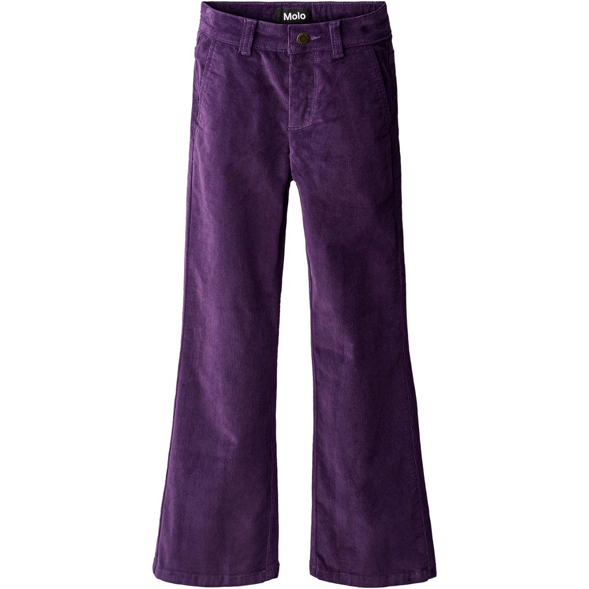 The Aida Pants from Molo. Purple pants in a trumpet-shaped silhouette. The pants have front and back pockets.
