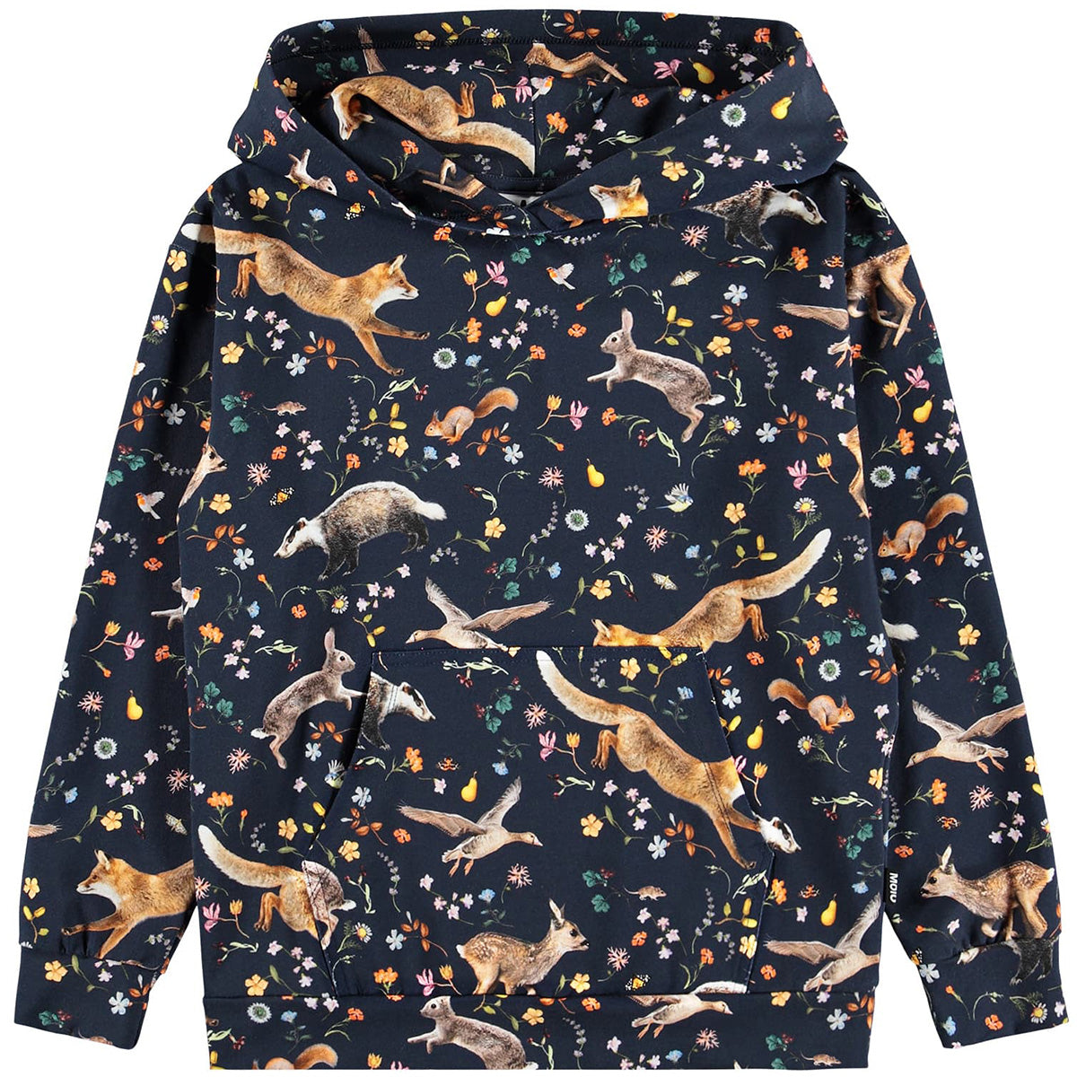 Rhona Hoodie by Molo navy kids hoodie with fox, rabbit, bird and floral print
