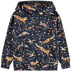 Rhona Hoodie by Molo navy kids hoodie with fox, rabbit, bird and floral print