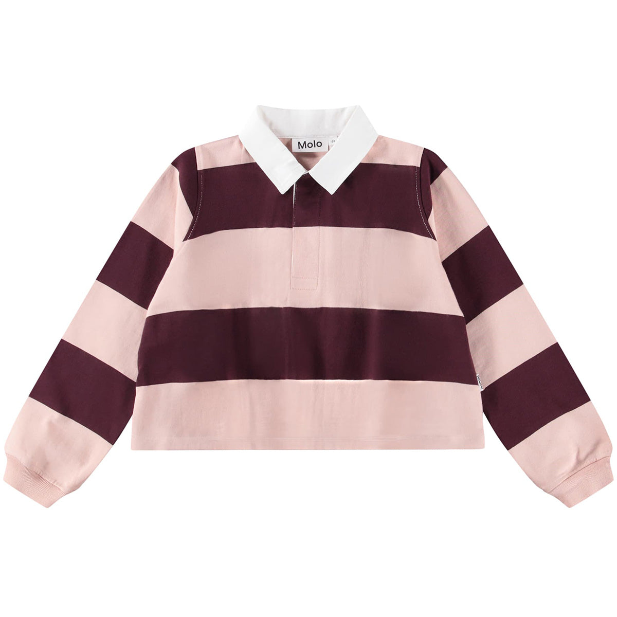 Rozalia Polo from Molo in blush pink and burgundy stripes with white collar and long sleeves.