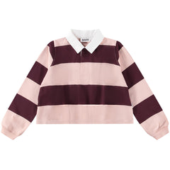 Rozalia Polo from Molo in blush pink and burgundy stripes with white collar and long sleeves.