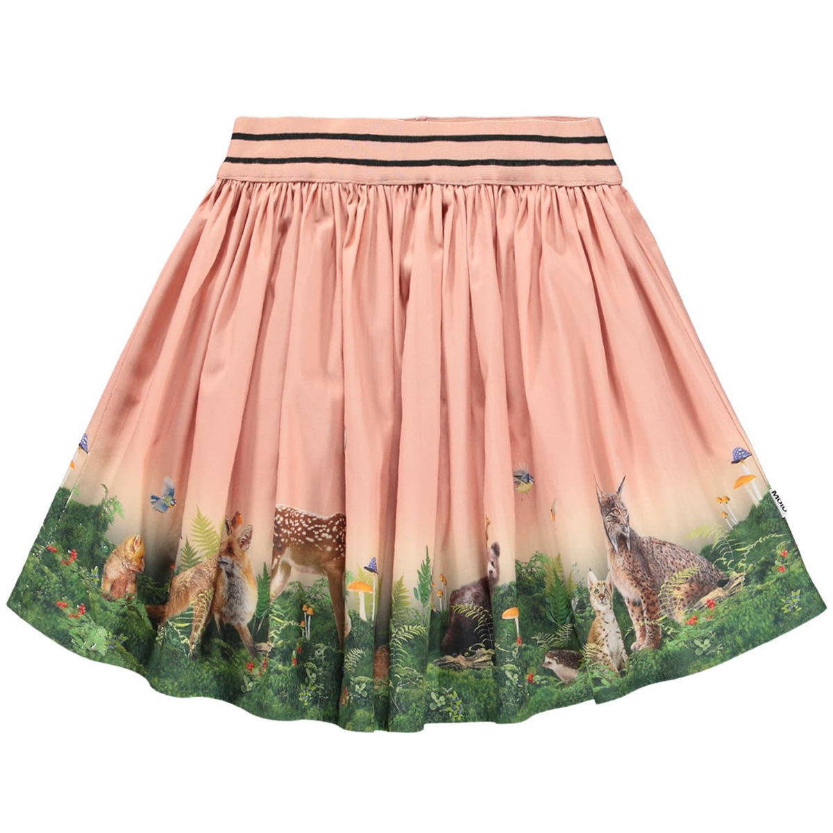 Brenda Skirt by Molo pink pleated girls skirt with forest animal print and black striped waistband