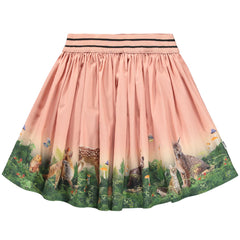 Brenda Skirt by Molo pink pleated girls skirt with forest animal print and black striped waistband