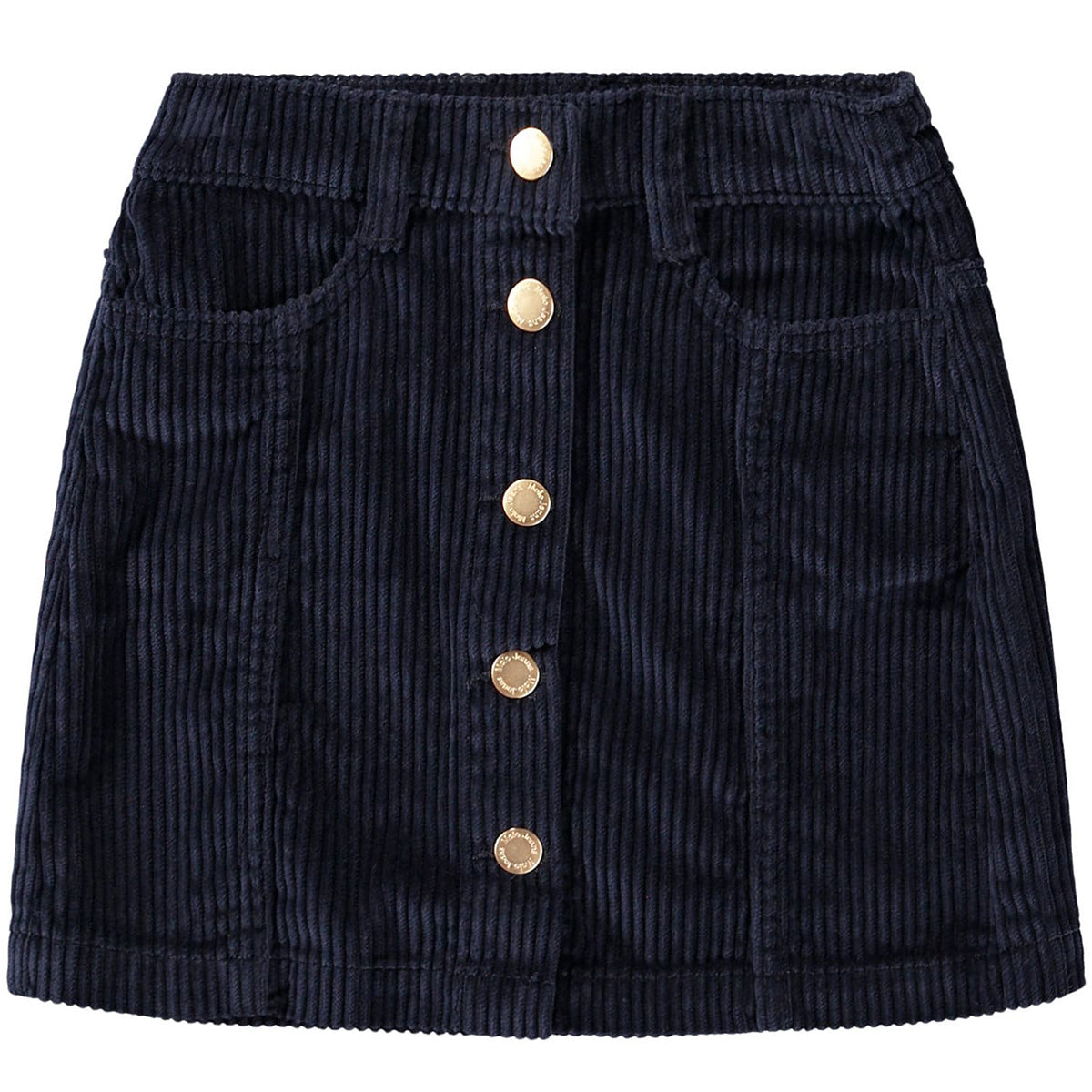 Bera Skirt by Molo navy corduroy mini skirt with button front and gold-tone buttons