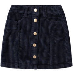 Bera Skirt by Molo navy corduroy mini skirt with button front and gold-tone buttons