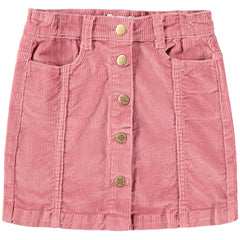 The Bera Skirt from Molo, pink corduroy girls skirt with button-front closure and front pockets.