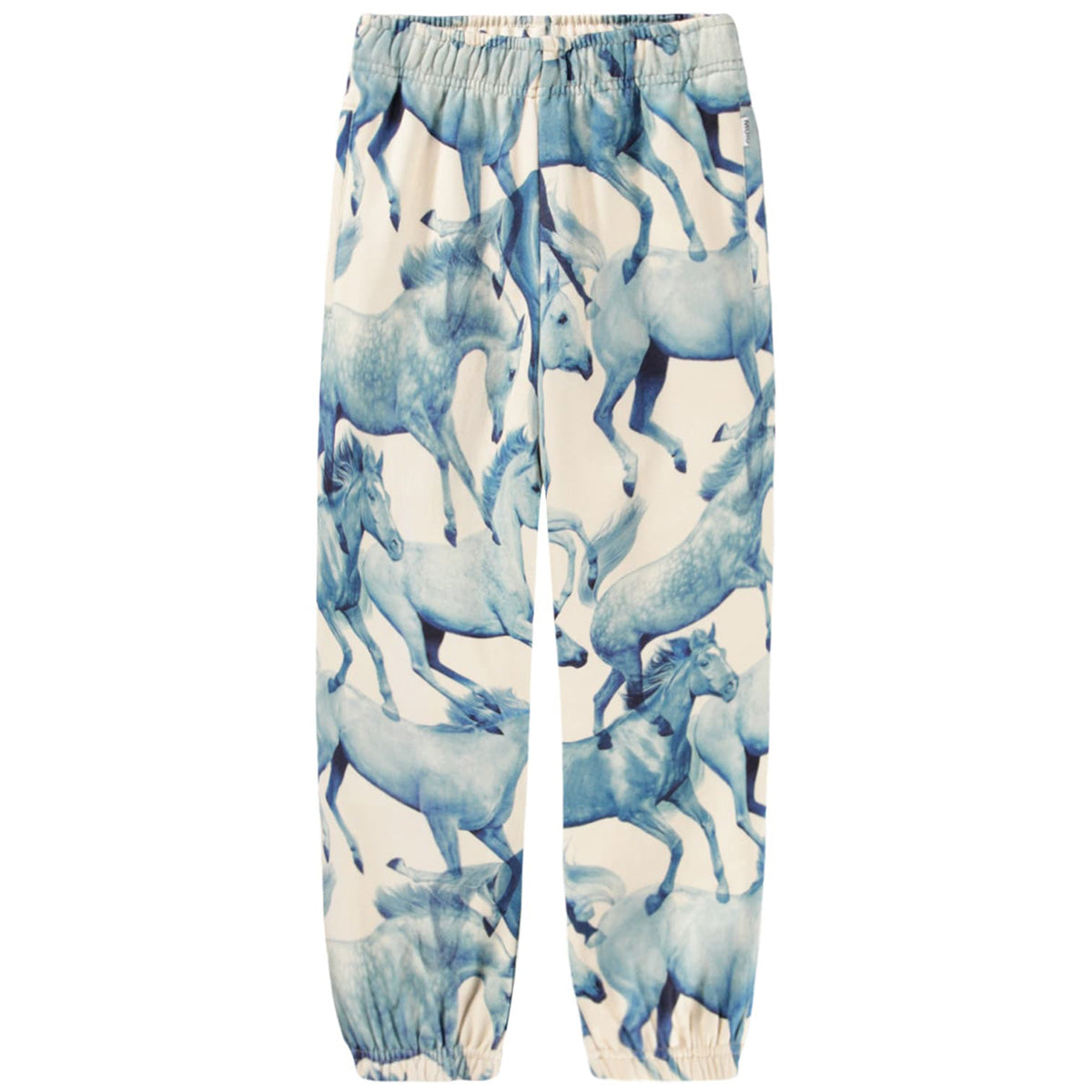 Adan Sweatpants by Molo cream kids joggers with blue running horse print, elastic waistband and cuffed ankles