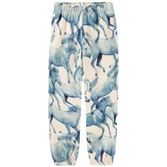 Adan Sweatpants by Molo cream kids joggers with blue running horse print, elastic waistband and cuffed ankles