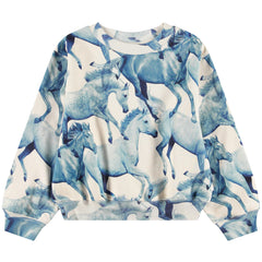Marge Sweatshirt by Molo off white kids sweatshirt with blue running horse print and long sleeves