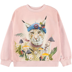 Maxi Sweatshirt by Molo pink kids sweatshirt with tabby cat, mushroom and floral graphic print
