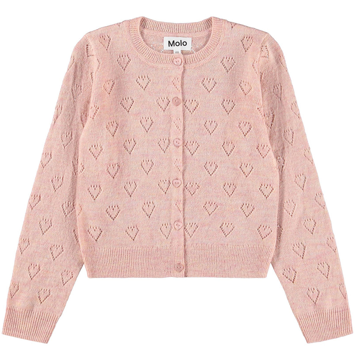 The Gillian Cardigan from Molo in soft pink knit with heart pointelle pattern and button-front design.