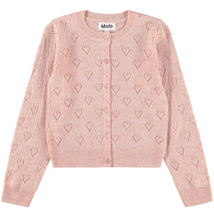 The Gillian Cardigan from Molo in soft pink knit with heart pointelle pattern and button-front design.