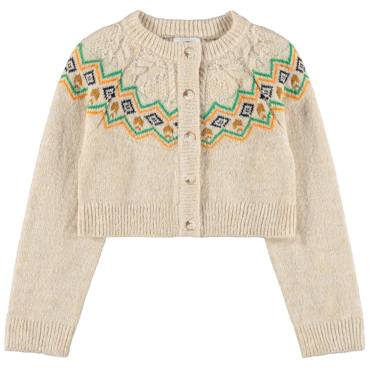 Gemma Cardigan by Molo cream cropped knit cardigan with colorful geometric yoke and wooden buttons